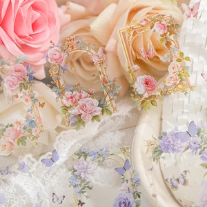 Vintage PET floral tape with retro rose, butterfly designs and classical frames