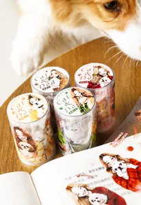 Detail of four PET tapes featuring cute girls with cats and dogs for DIY journaling