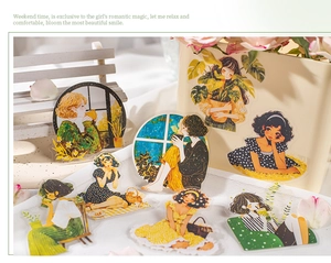 Close-up of girls' weekend lifestyle PET stickers featuring tea, reading, and picnic scenes