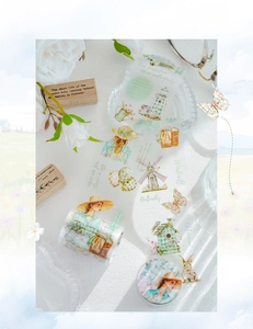 Detailed close-up of travel-themed PET decorative tape featuring vintage illustrations
