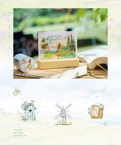 Detail of travel-themed PET tape and cards featuring nature motifs like palm trees and beach