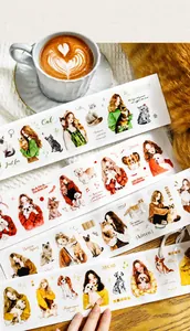 Detail of pet-themed PET tape featuring illustrated girls with cats and dogs for journaling