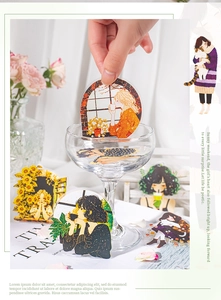 Detailed view of PET girl stickers with glitter finish and cute illustrative scenes