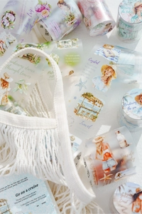 Detail view of PET decorative tape with watercolor travel motifs and female figures
