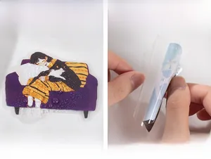 Waterproof PET stickers with cute girl illustrations showing easy peel-off adhesive backing