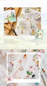 Macro detail of PET travel tape featuring urban and forest themes for journaling