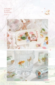 Detailed view of vintage travel stickers on a glass cup and decorative boards