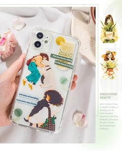 Detail of transparent iPhone case with cute girl and pet dog floral illustration prints