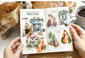 Detail of PET stickers featuring cute cats, dogs, and girls for DIY scrapbooking decor