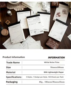 Detailed specs of White Noise Time vintage memo pads with artistic lifestyle setting