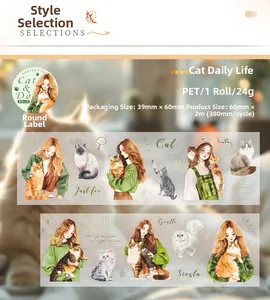 Detail view of cat themed PET decorative tape with specifications and cute illustrations
