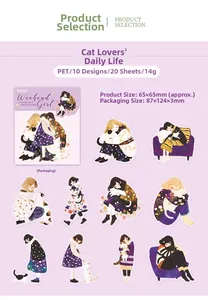 Detailed PET stickers set featuring 10 cute cat and girl illustration designs, 20 sheets