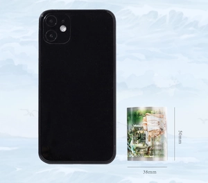 Detailed size comparison of 50mm vintage travel PET tape next to a smartphone