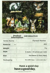 Detail of Forest Home PET stickers showing squirrel designs and product specifications