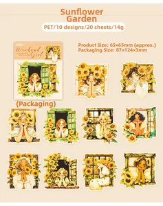 Detail view of Sunflower Girl PET stickers with 10 illustrated designs and packaging