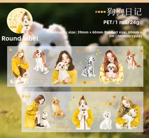 Detail showing PET tape with cute dog illustrations and fashion girls on a sunny background