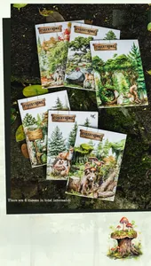 Detail of Forest Home stickers featuring watercolor wolf, deer, and fox on mossy ground