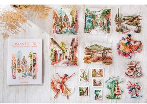 Detail view of Romantic Trip watercolor stickers with travel motifs on striped fabric