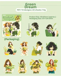 Macro detail of Green Dream PET sticker set featuring 10 floral girl illustrations