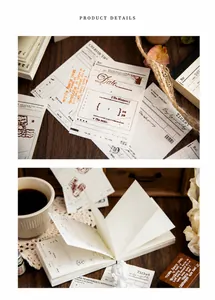 Detail showing vintage aesthetic memo pads with retro paper texture and decorative typography