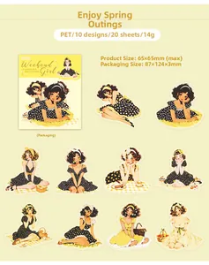 Detailed flat lay of 20 pieces retro PET girl stickers for DIY scrapbooking decor