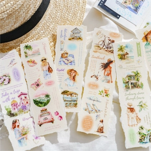 Summer Travel Theme PET Decorative Tape For Scrapbooking Hand Painted Watercolor Illustration Journal DIY Craft Supplies