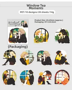 Detail view of 20pcs Korean PET stickers showing 10 girl illustration themes and sizes