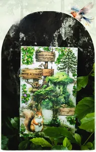 Detail of forest animal stickers with squirrel and moss themes for DIY journals