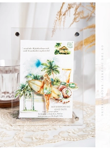 Detailed view of summer beach scenery cards inside a clear acrylic frame home decor