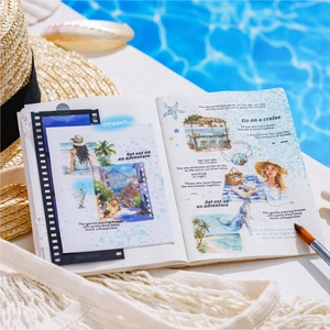 Ocean travel themed PET stickers for journaling featuring whale and beach illustrations