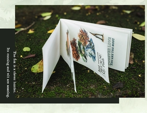 Detail of accordion-fold forest animal theme stickers on mossy ground with deer and fox motifs