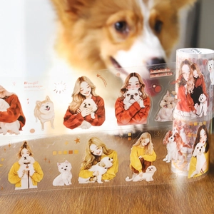 Charming girl and puppy illustration PET decorative tape for DIY scrapbooking journaling