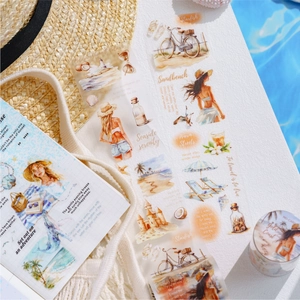 Travel-themed PET decorative tape featuring beach girl, coconut tree, and summer illustrations