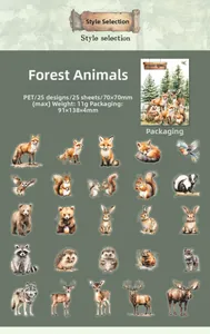 Close-up of Forest Home PET sticker set featuring realistic fox and bear illustrations