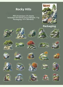 Detail display of 25 PET forest animal stickers featuring pines, deer, and mushrooms
