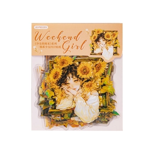 20pcs Korean style PET stickers featuring sunflowers and girl illustrations for DIY journaling