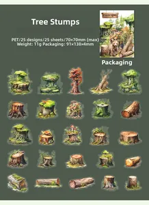 Detail view of 25 unique PET forest stump stickers for DIY journaling decoration