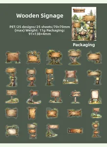 Detailed grid layout of 25 PET forest wooden sign stickers for DIY journal scrapbooking