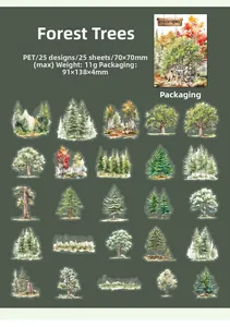 Detail of 25pcs forest trees PET stickers set for DIY decor with watercolor nature patterns