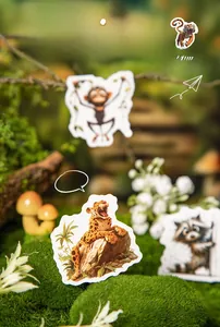 Detail of forest animal stickers with leopard and raccoon on realistic green moss background
