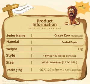 Detail specifications for coated paper animal stickers featuring crazy zoo cartoon motifs