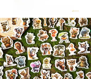 Detailed view of colorful cartoon animal stickers displayed on moss and wood slices