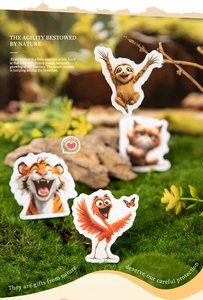 Detailed view of forest animal stickers with tiger and sloth designs on mossy wood decor