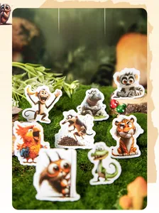 Detail of 3D cartoon animal forest stickers featuring monkey and hippo on mossy background