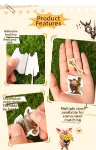 Detail showing self-adhesive forest animal stickers with easy-to-tear coated paper