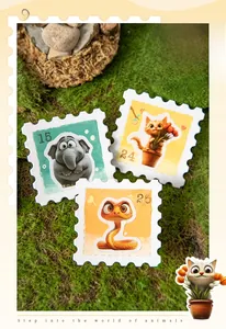 Detail of 3D cartoon animal forest stamps with elephant and cat on moss background