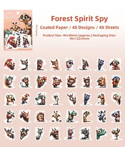 Macro view of 40 pieces funny cartoon animal stickers set for DIY scrapbooking decor