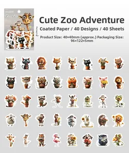 Detailed spread of 40 forest animal stickers including cats and lions for DIY decor
