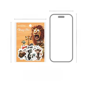 Size comparison of forest animal stickers with dimensions 96mm x 122mm beside a smartphone