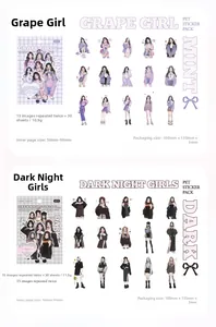 Dettaglio dei set di adesivi in PET temi Grape Girl e Dark Night per decorare agende